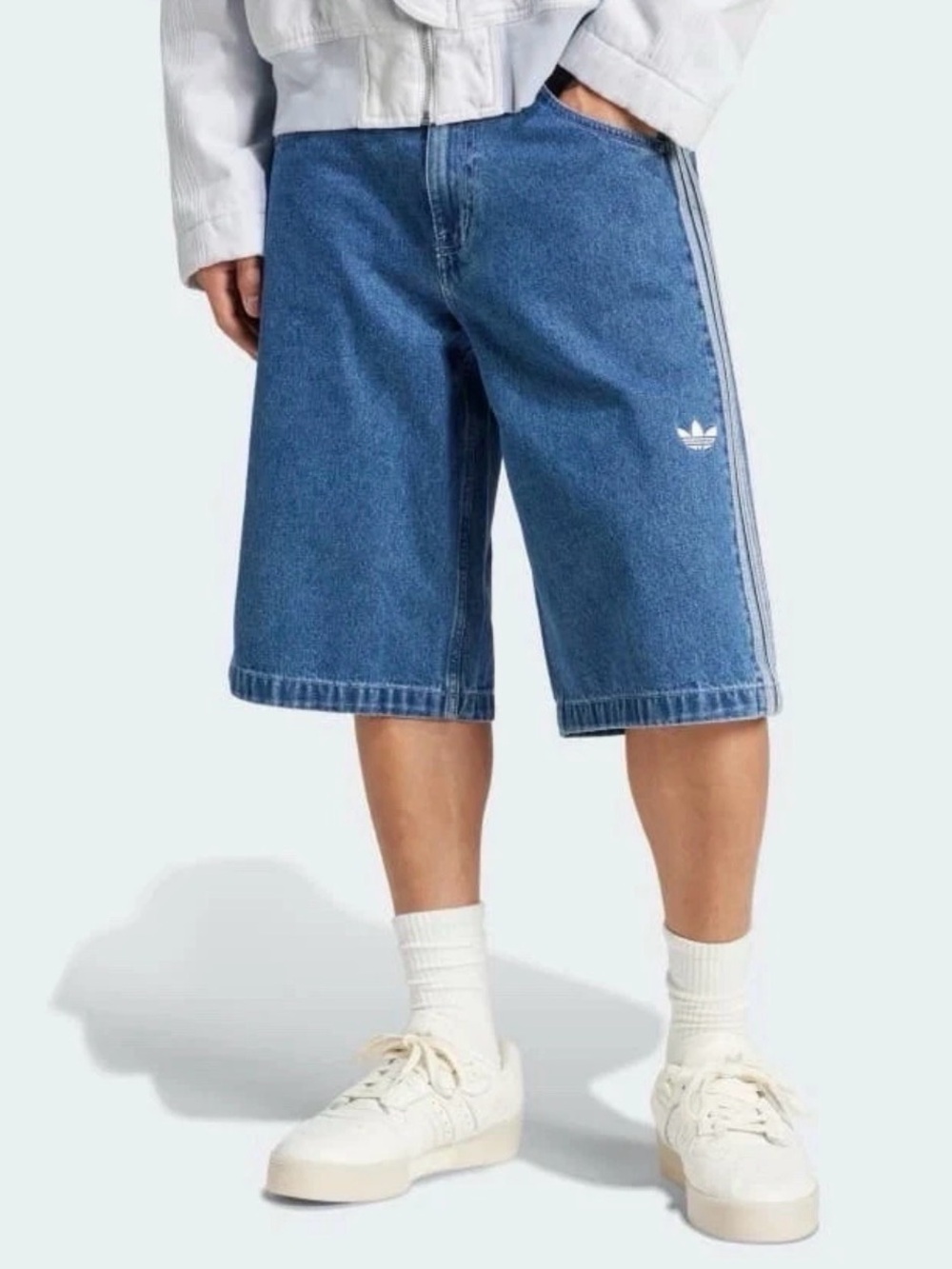 Adidas Originals Firebird Denim Jorts Shorts Blue 3 Stripe Trefoil Logo 34 NWT